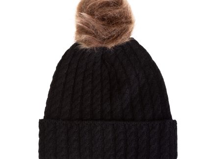 Ladies Cable Lambswool Mix Beanie Pom Baby Blue
