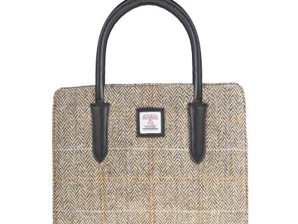 Ladies Ht Leather Hand Bag Tan & Brown Herringbone / Black