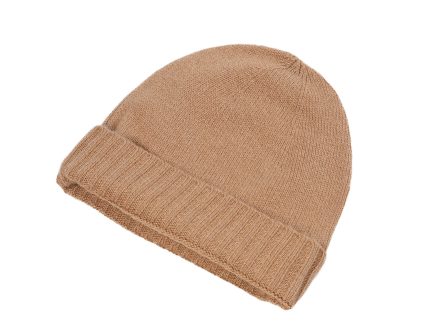 Plain Knit Ladies Beanie Rib Turn Up Camel