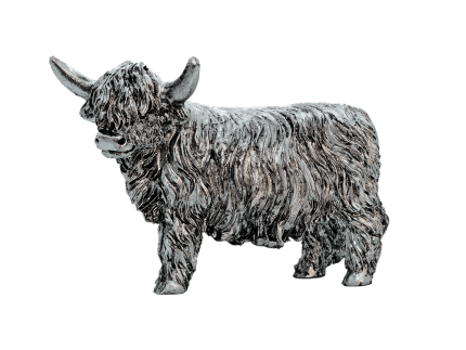 Silver Highland Coo Figurine – Metallic Polyresin Collectible (8 cm & 12 cm)